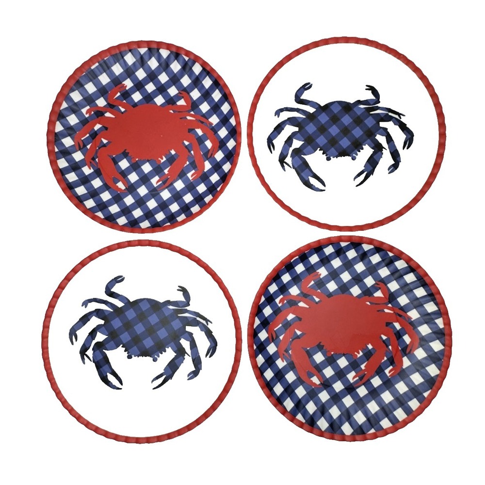 One Hundred 80 Degrees Melamine plates Crab Plaid Red White Blue Set 4